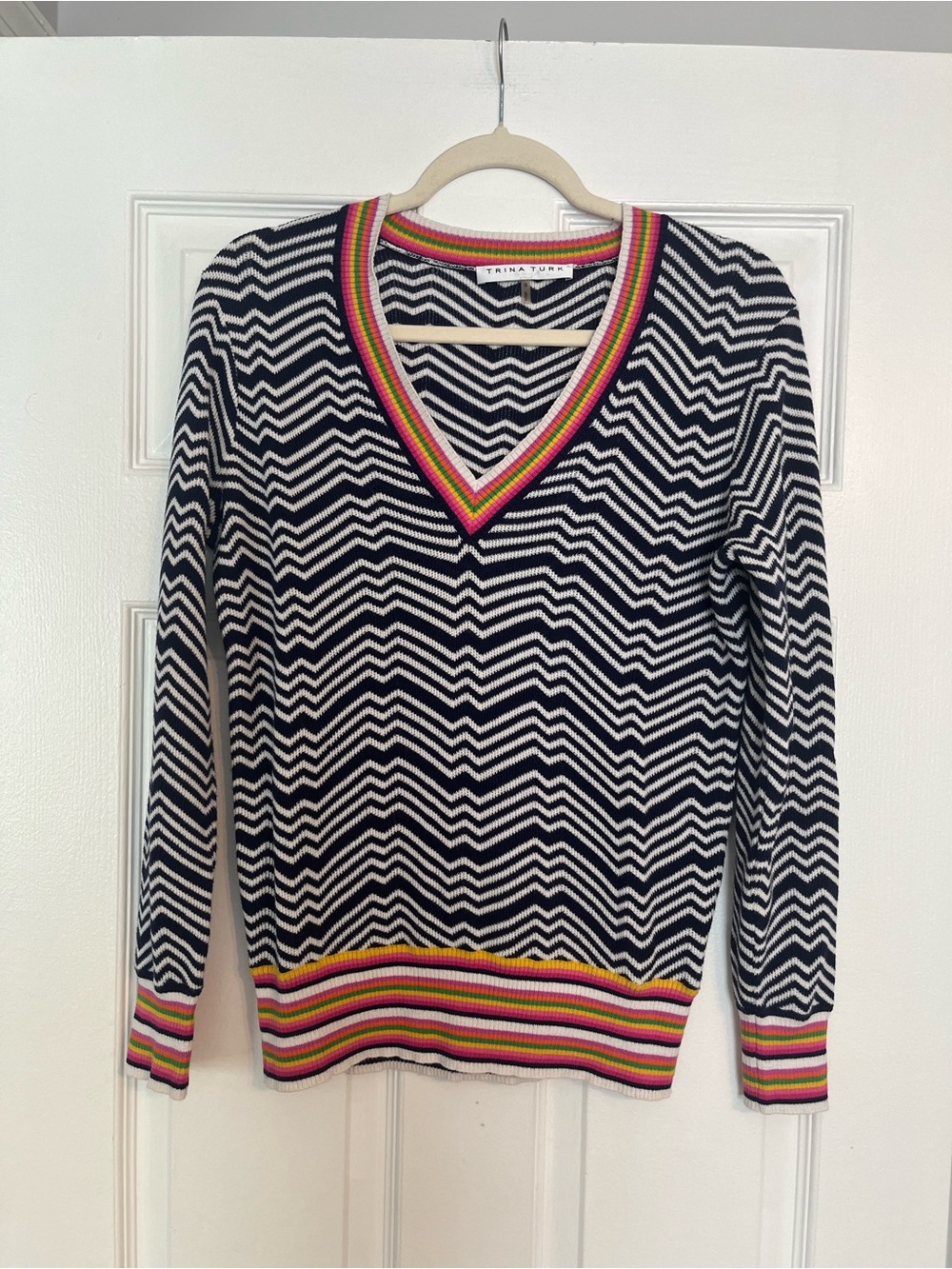 Trina Turk Navy & White Chevron V-Neck Sweater with Multicolor Trim